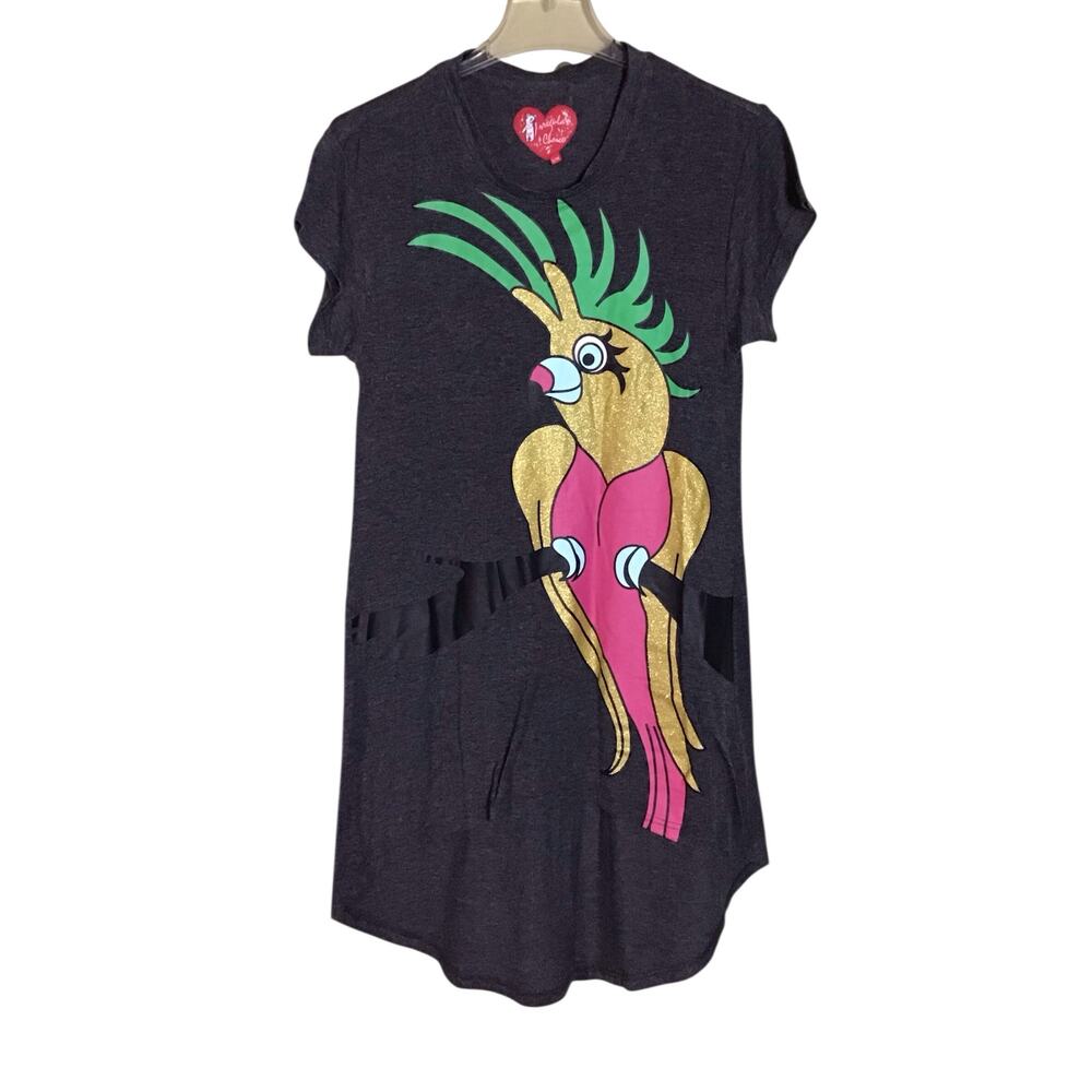 Irregular Choice Vintage Gray embroidered Lorikeet bird T-shirt dress  Sz. Sm